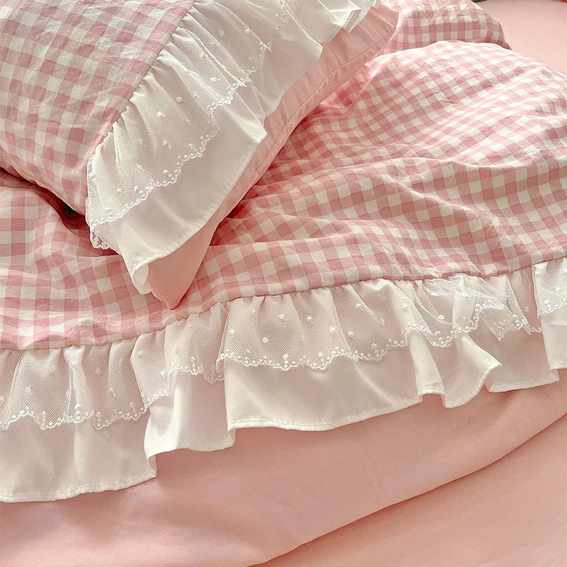 Korean Princess Style Lattice Double Layer Lace Bedding Set
