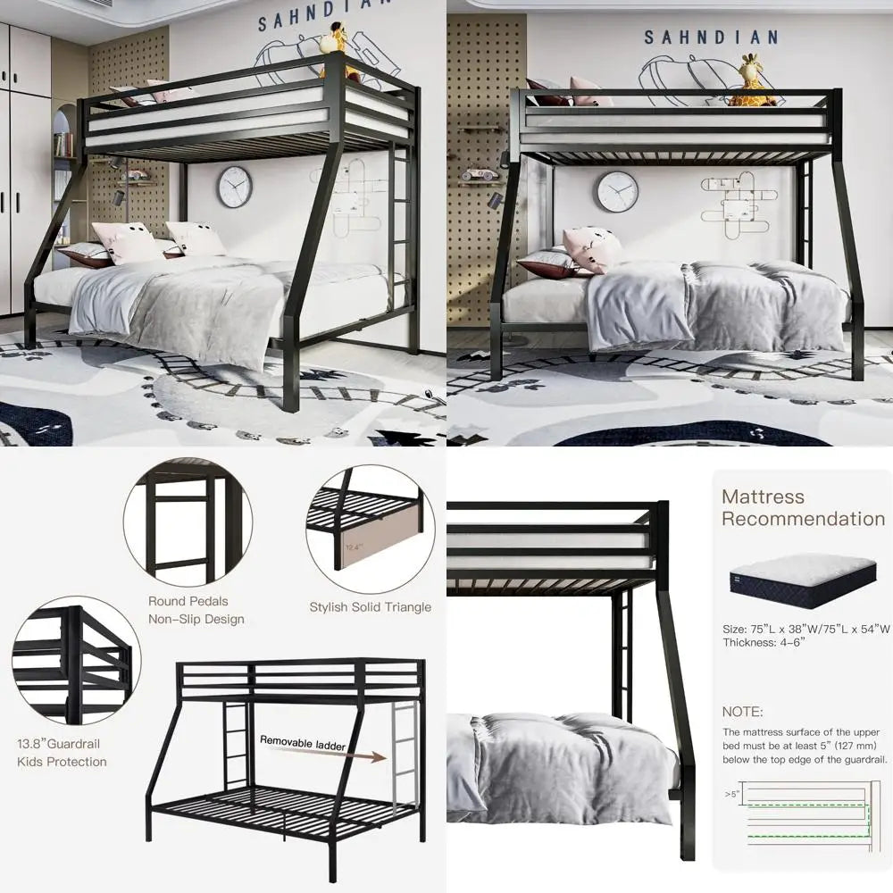 Twin Over Full Metal Loft Bunk Bed with Safety Rail and Ladder