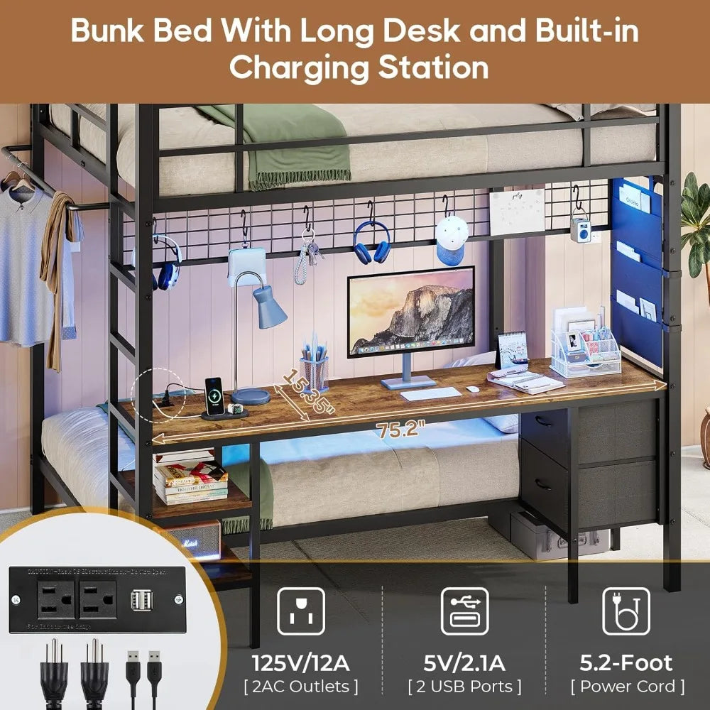 Metal Full Size Loft Bed with Twin Over Full