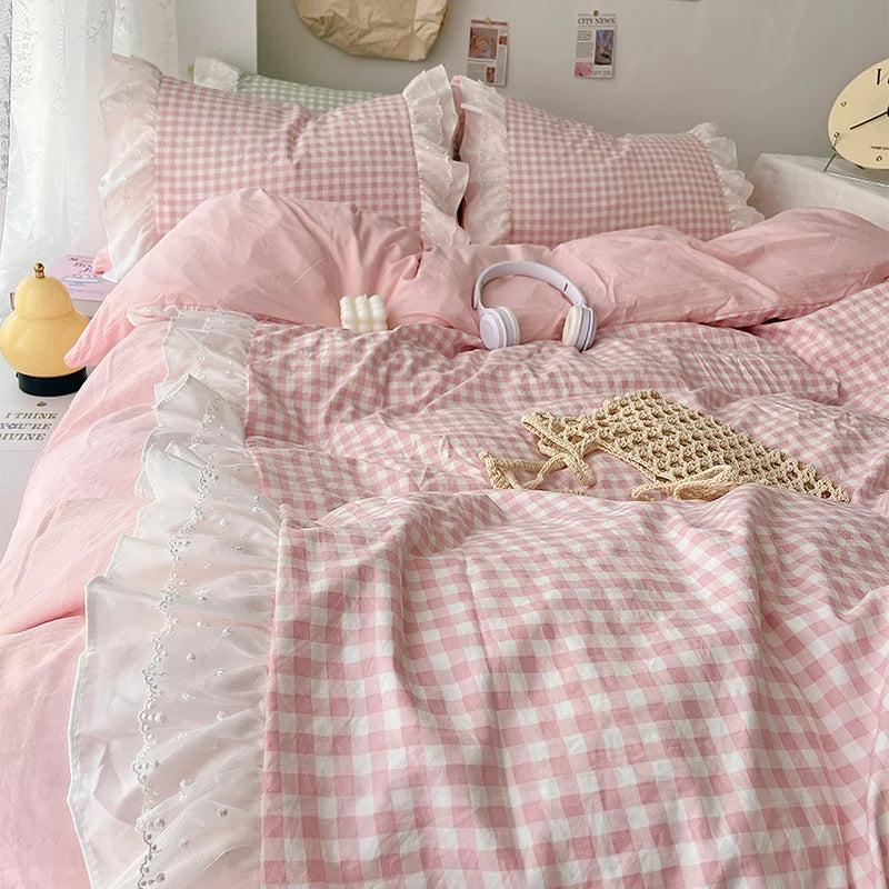 Korean Princess Style Lattice Double Layer Lace Bedding Set