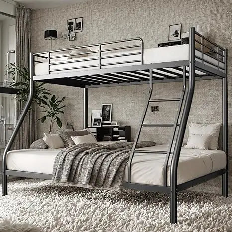 Twin Over Full Metal Bunk Beds with Ladder and Guardrail