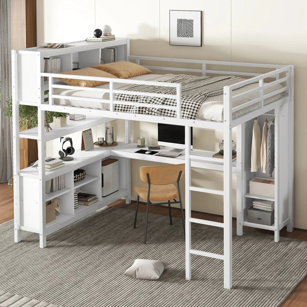 Metal Loft Bed with Wardrobe And L-shaped Desk