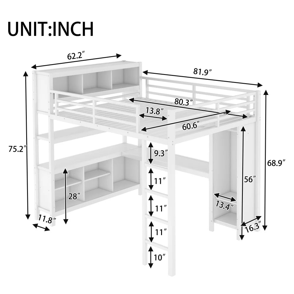 Metal Loft Bed with Wardrobe And L-shaped Desk