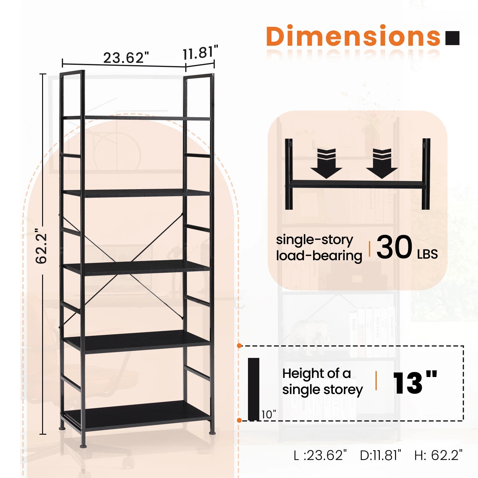JHK 5 Tier Bookcase Bookshelf