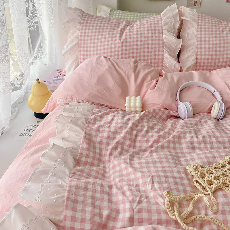 Korean Princess Style Lattice Double Layer Lace Bedding Set