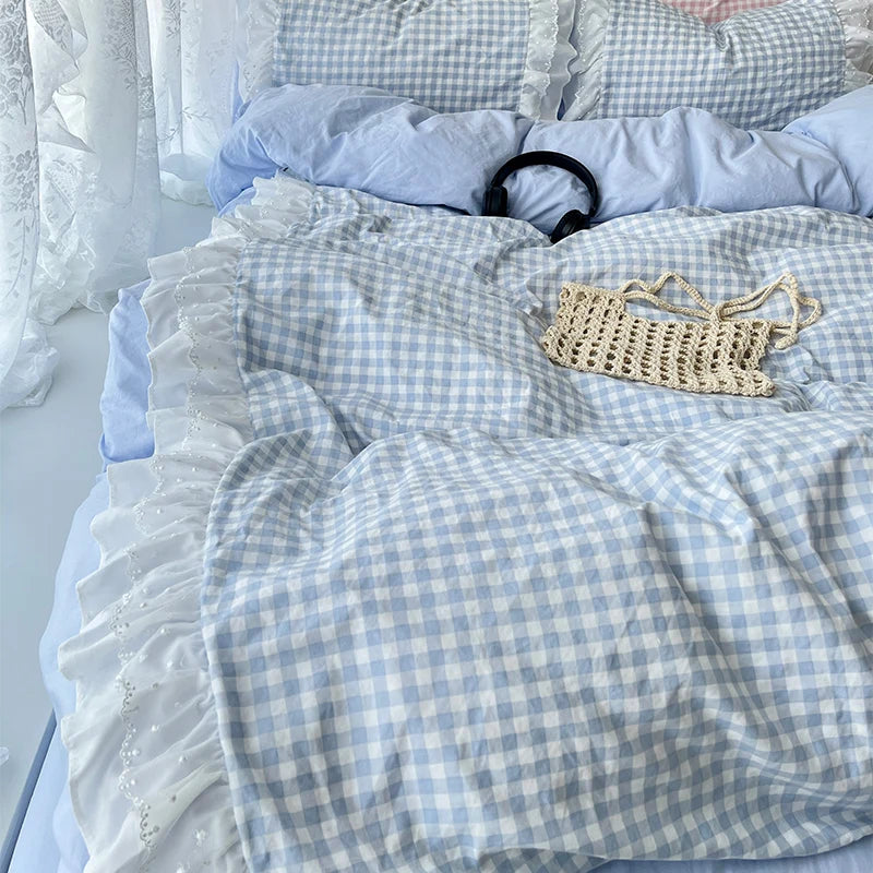 Korean Princess Style Lattice Double Layer Lace Bedding Set
