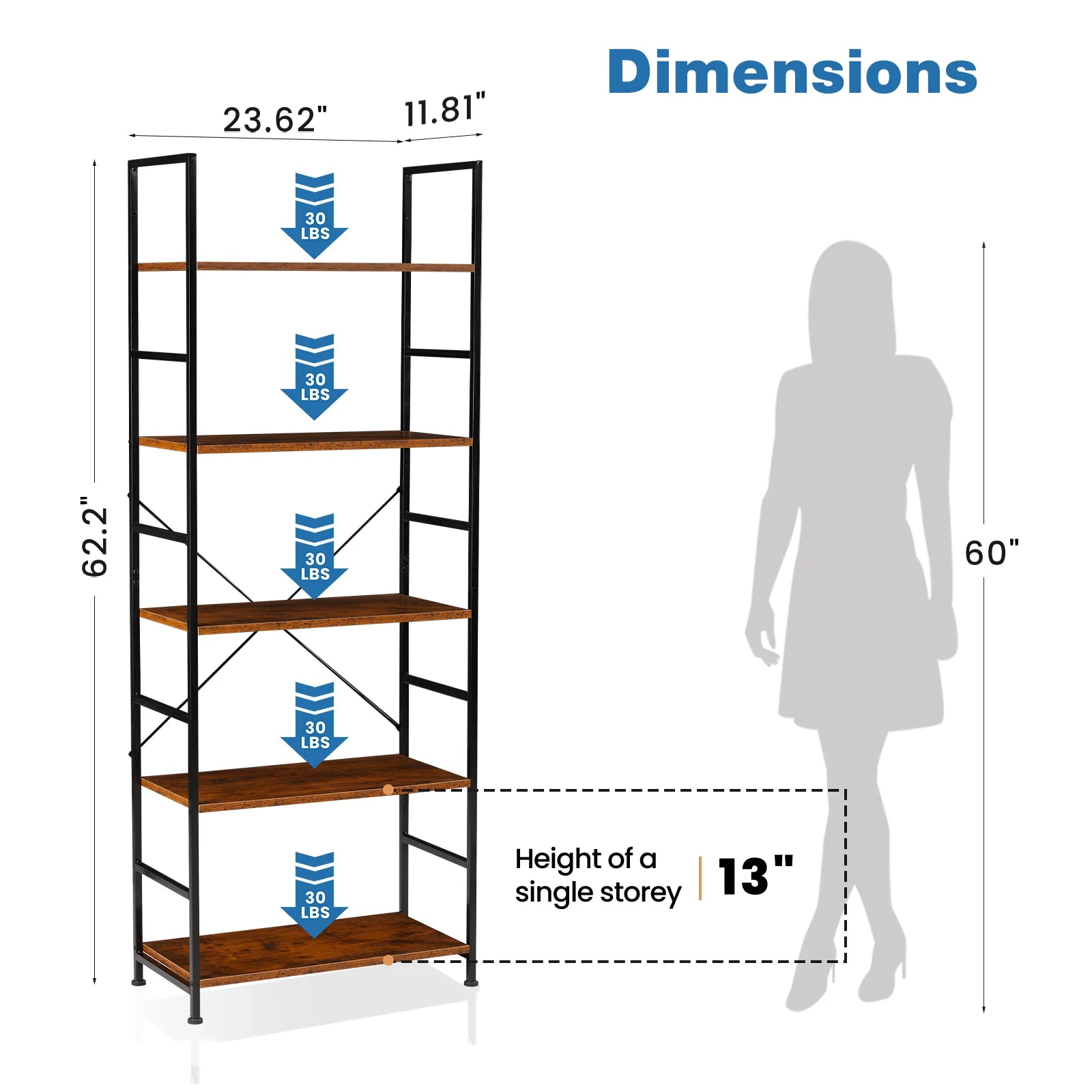 JHK 5 Tier Bookcase Bookshelf