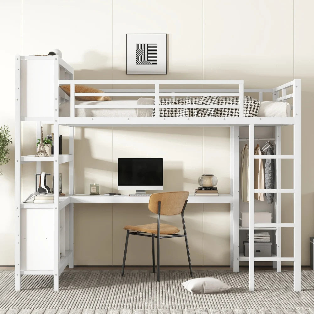 Metal Loft Bed with Wardrobe And L-shaped Desk