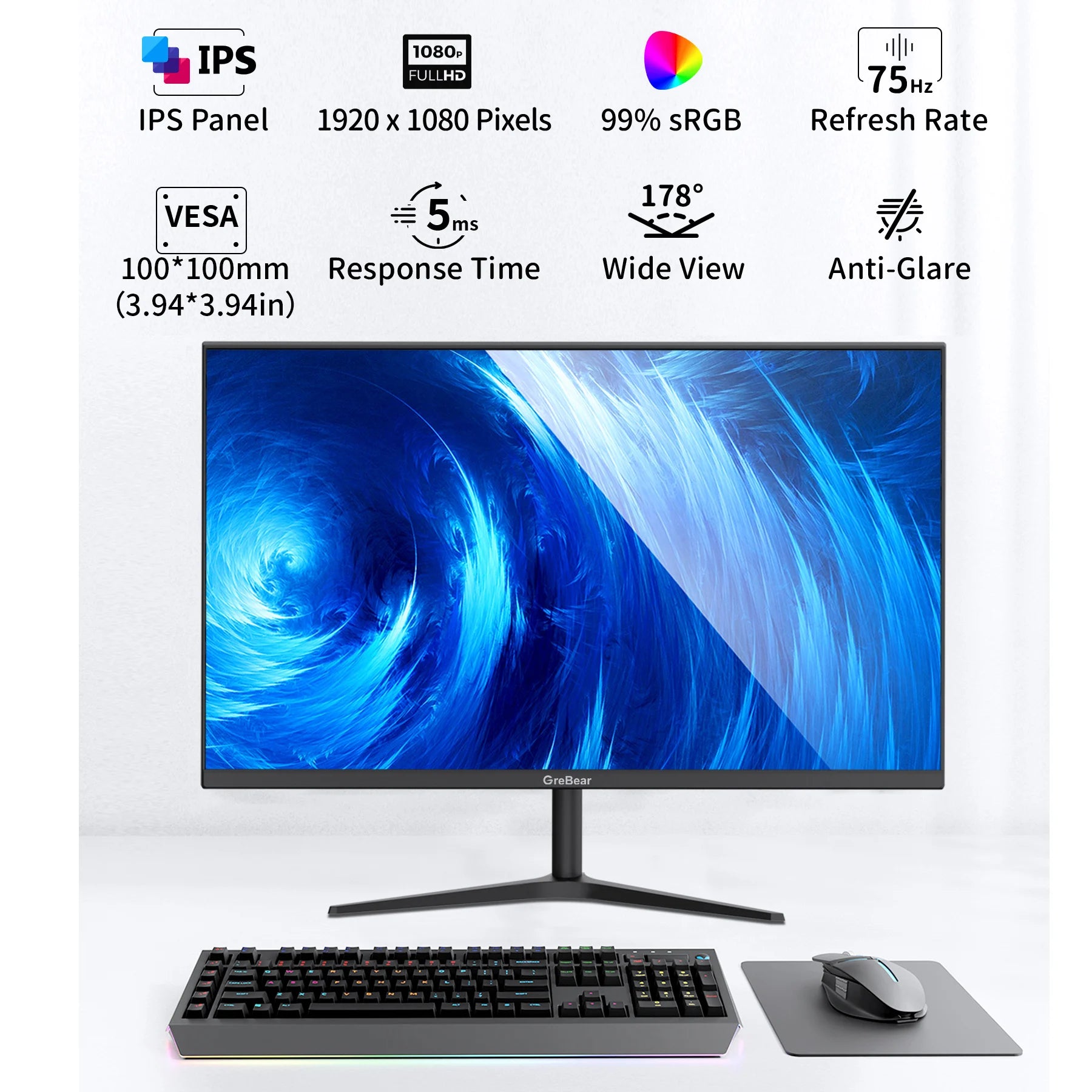 GreBear 27-inch IPS Panel PC Monitors FHD 1080p 75Hz LED Display Home Office Desktop Screen, HDMI, VGA, Flicker