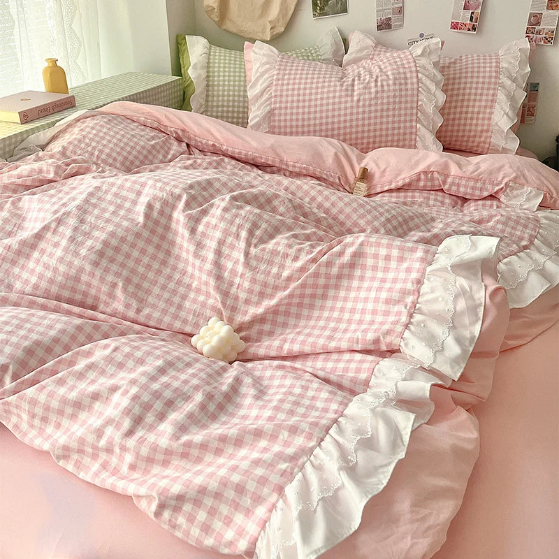 Korean Princess Style Lattice Double Layer Lace Bedding Set