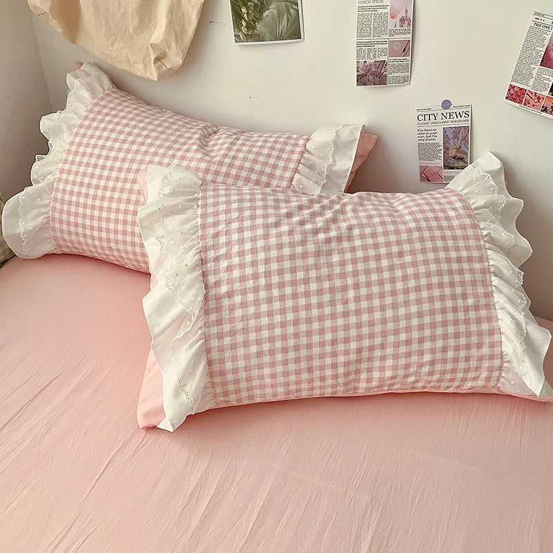 Korean Princess Style Lattice Double Layer Lace Bedding Set