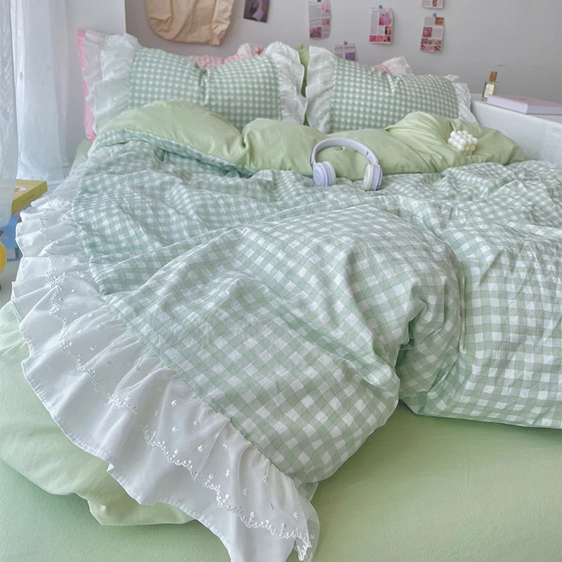 Korean Princess Style Lattice Double Layer Lace Bedding Set
