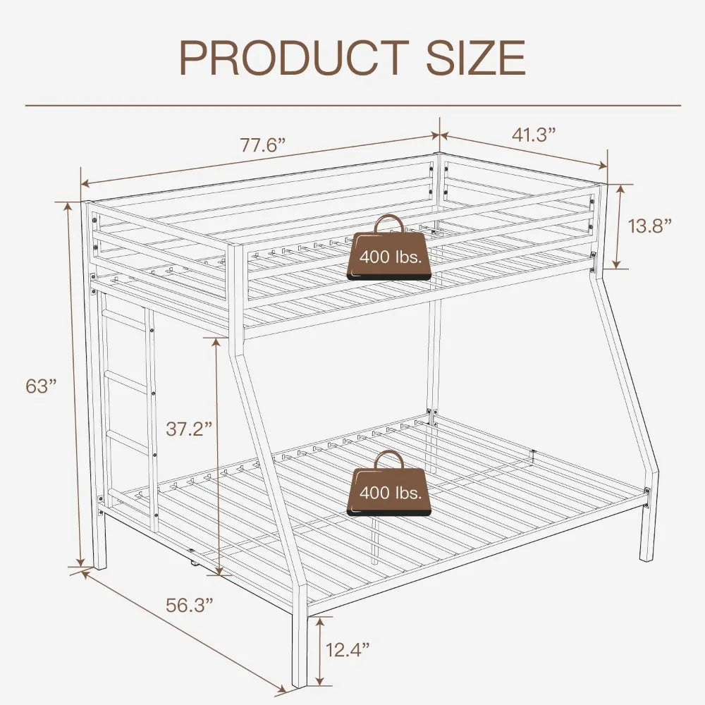 Twin Over Full Metal Loft Bunk Bed with Safety Rail and Ladder