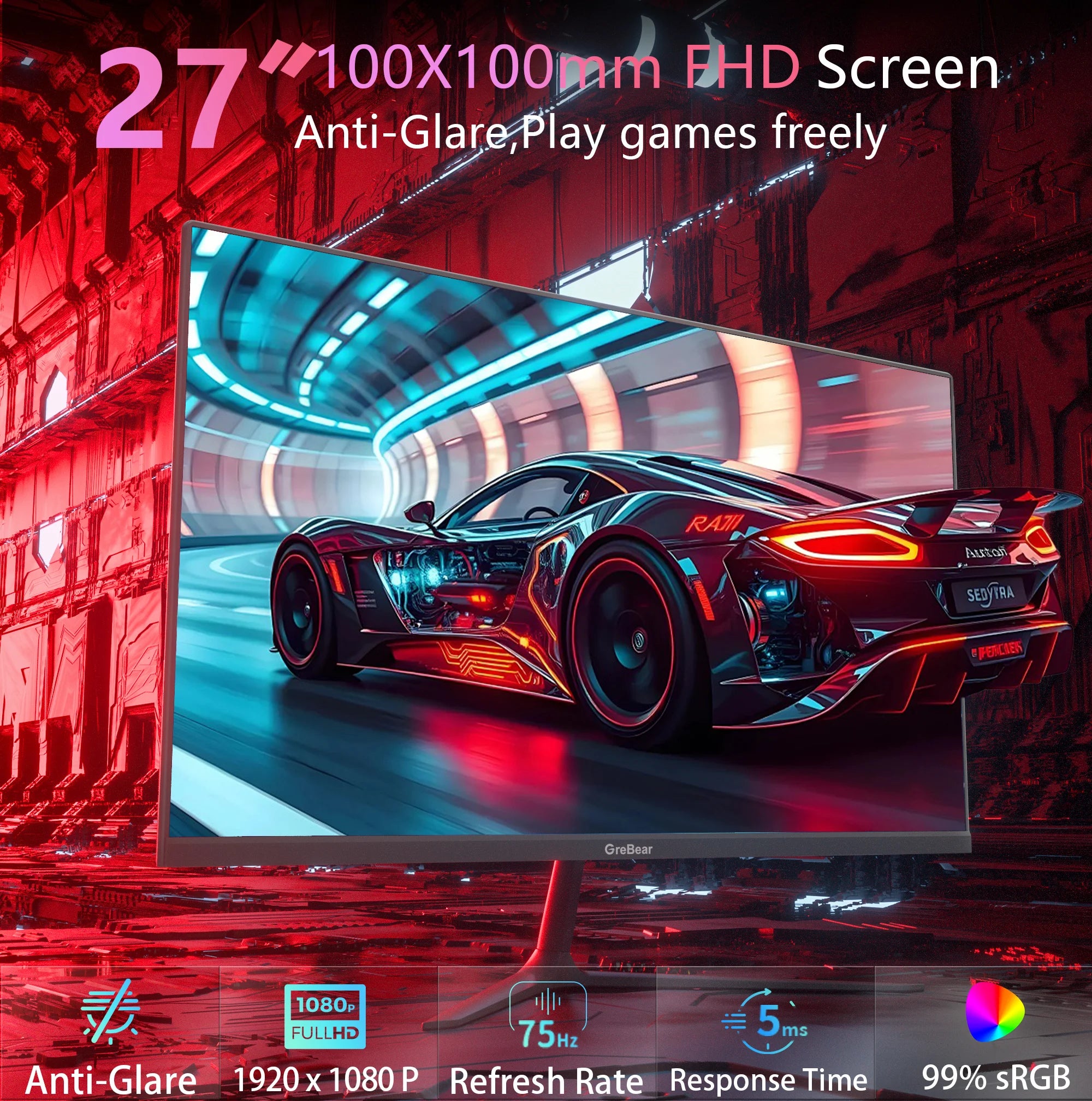 GreBear 27-inch IPS Panel PC Monitors FHD 1080p 75Hz LED Display Home Office Desktop Screen, HDMI, VGA, Flicker