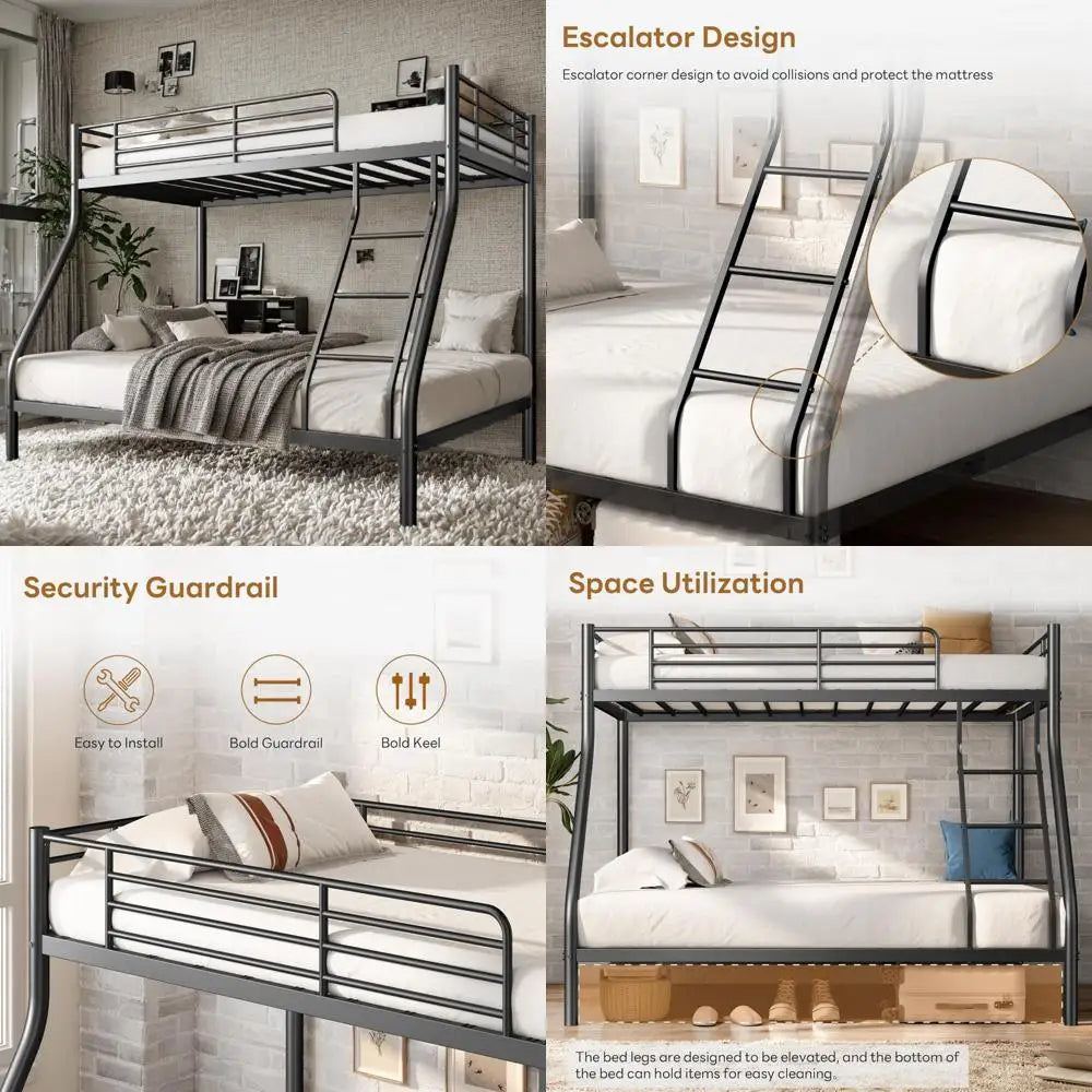 Twin Over Full Metal Bunk Beds with Ladder and Guardrail