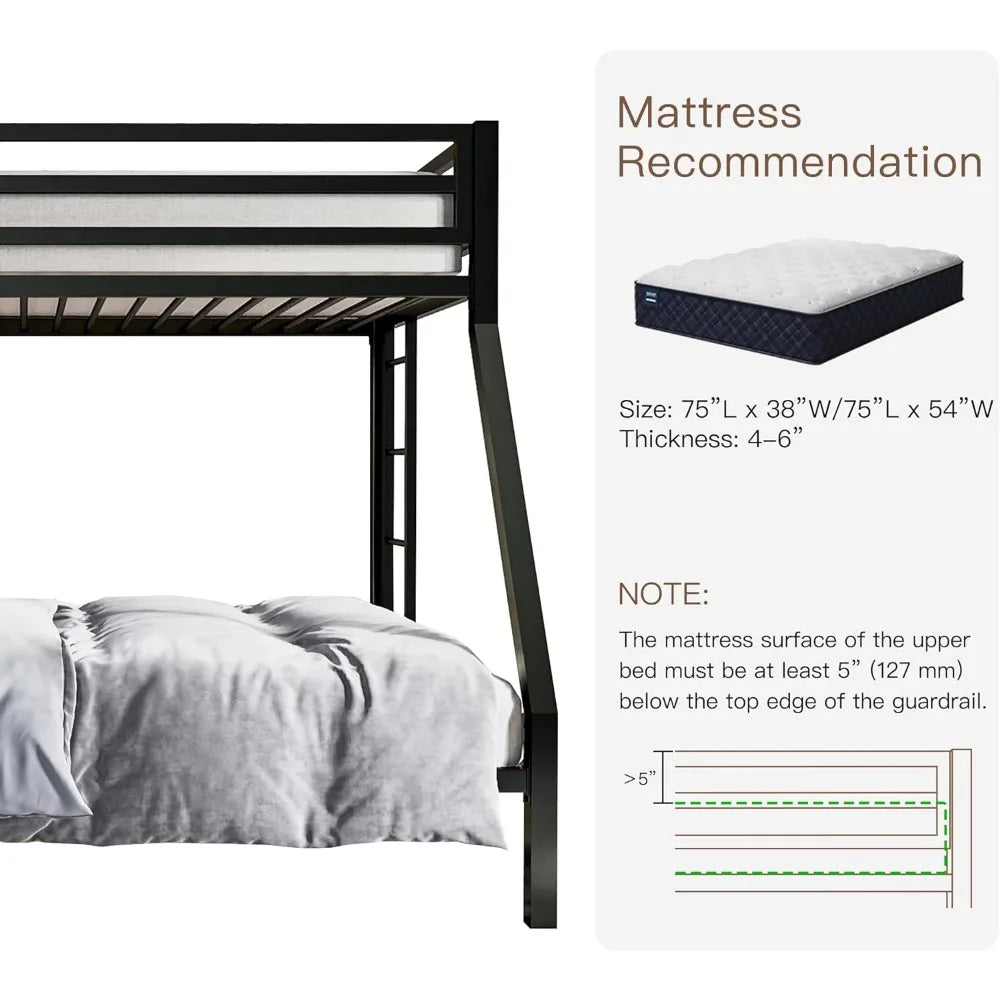 Twin Over Full Metal Loft Bunk Bed with Safety Rail and Ladder