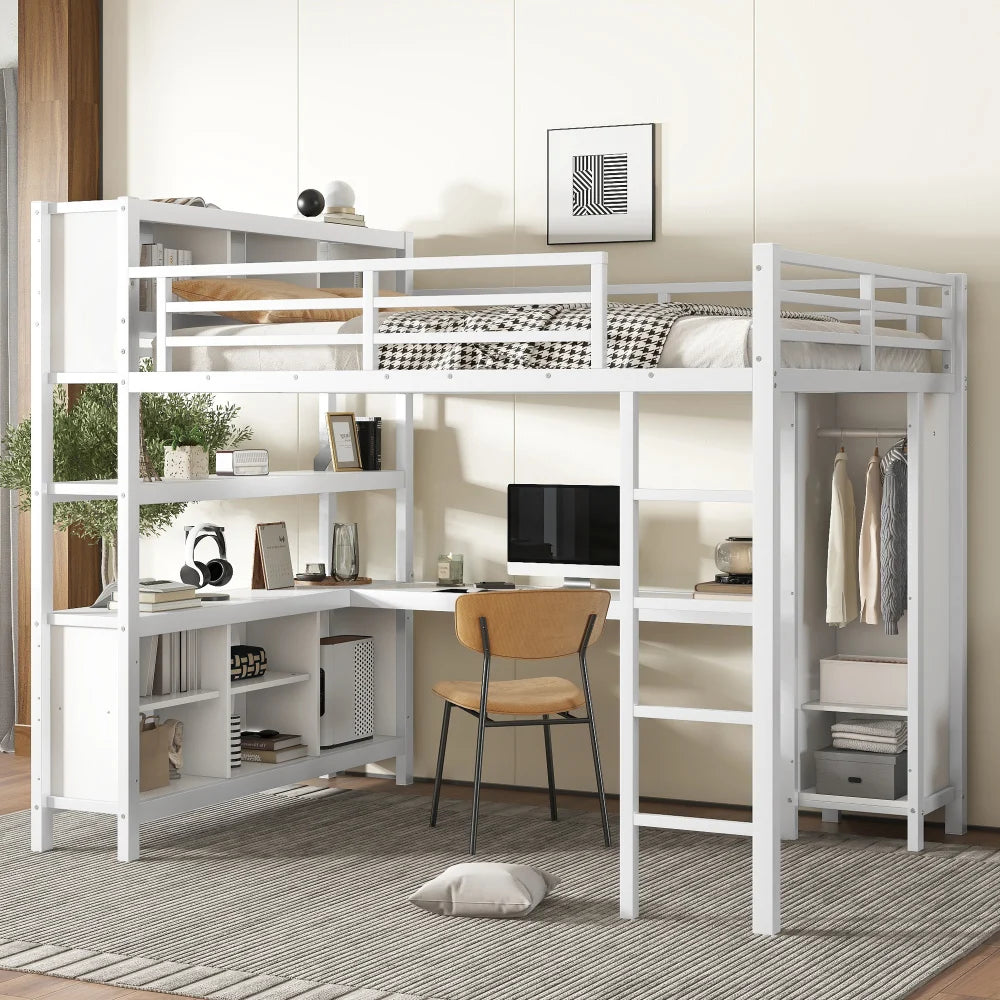 Metal Loft Bed with Wardrobe And L-shaped Desk