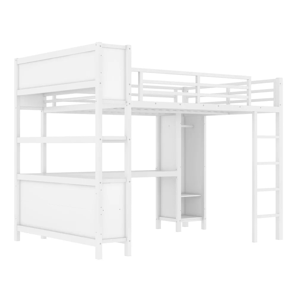 Metal Loft Bed with Wardrobe And L-shaped Desk