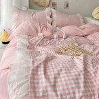 Korean Princess Style Lattice Double Layer Lace Bedding Set