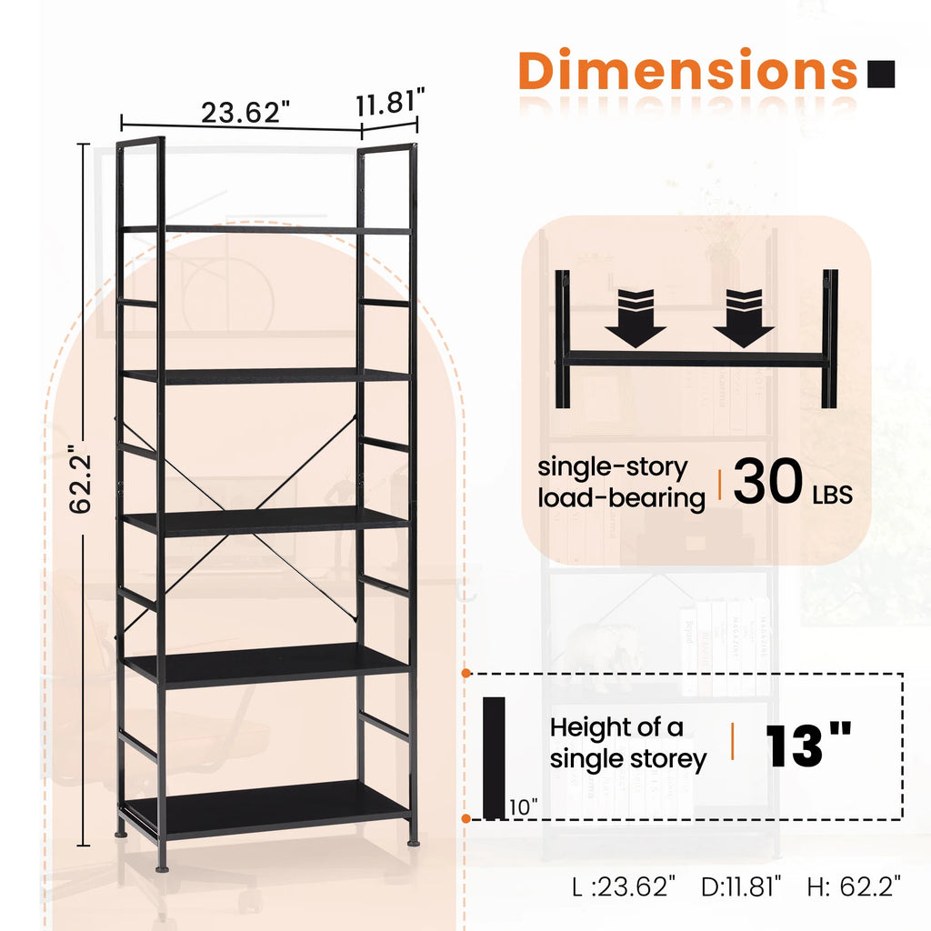 JHK 5 Tier Bookcase Bookshelf