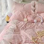 Korean Princess Style Lattice Double Layer Lace Bedding Set