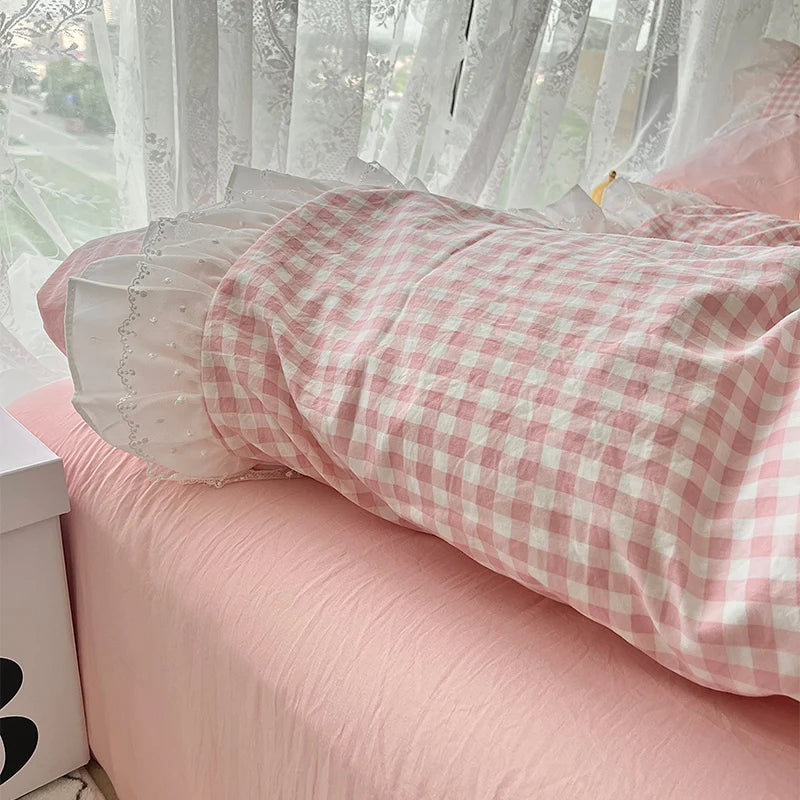 Korean Princess Style Lattice Double Layer Lace Bedding Set